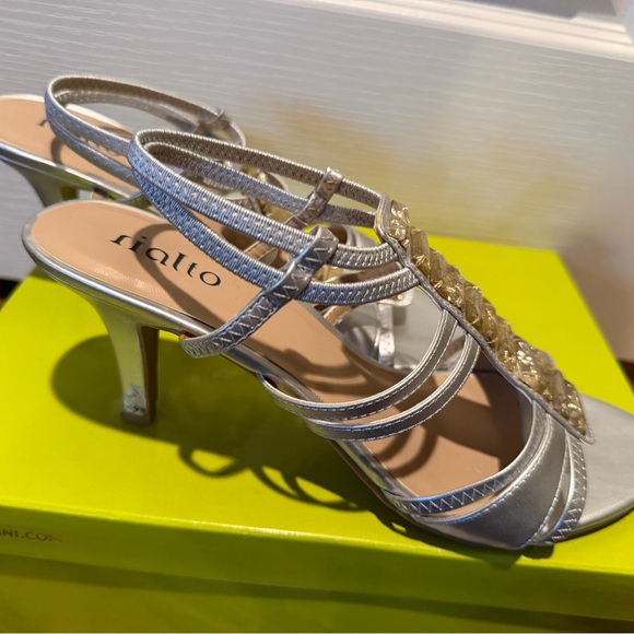 Rialto Shoes - Rialto Metallic Silver Strappy Slingback Heels with Gem Trim